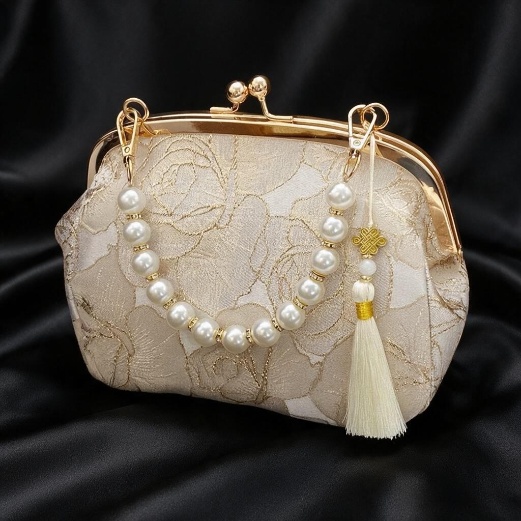 Sac à main fleurie beige avec perle blanche