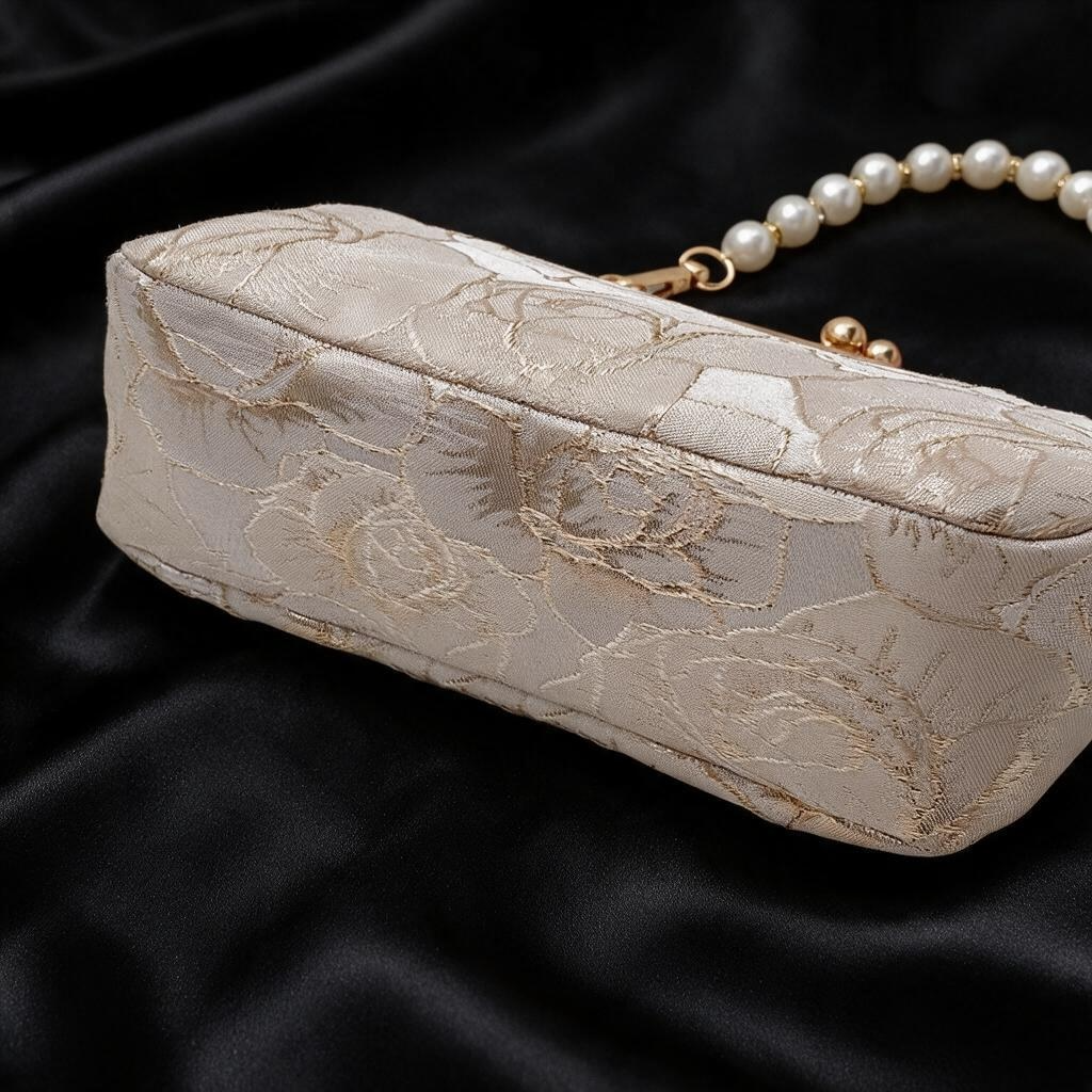 Sac à main fleurie beige avec perle blanche
