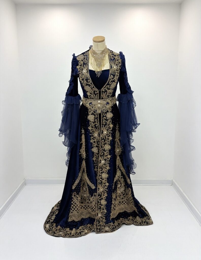 caftan royal en velours bleu nuit – broderies dorées haute couture collection sultane