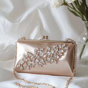 Pochette Mariage Satin Rose Gold – Clutch de Soirée Brodée Cristal