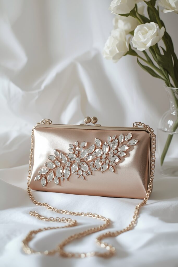 clutch de soirée satin rose gold – broderies cristal feuillage l’Éclat céleste