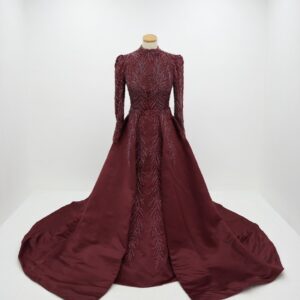 robe de soirée bordeaux haute couture – col montant & broderies feuillages | l’allure impériale