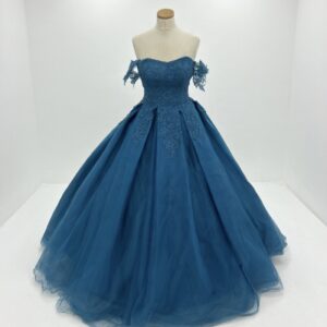 robe de soirée princesse bleu pétrole – tulle volumineux & dentelle Épaules dénudées