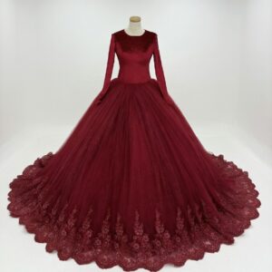 robe de soirée princesse rouge bordeaux – tulle luxueux & dentelle Élégante manches longues