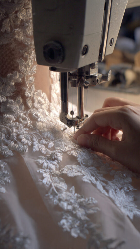 une couturière coud une robe de mariée à la machine